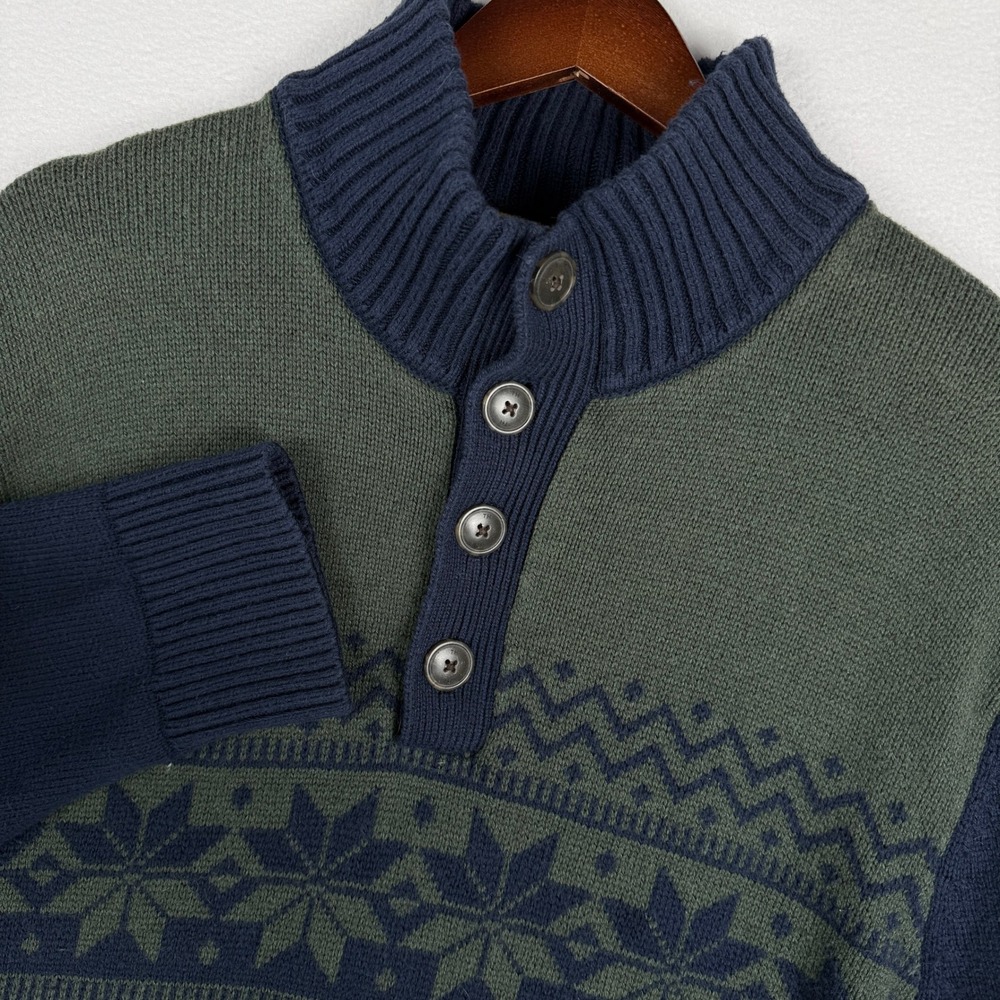 Tommy Hilfiger XL 1/4 Button Wool Blend Mock‎ Neck Fair Isle Snowflake Sweater